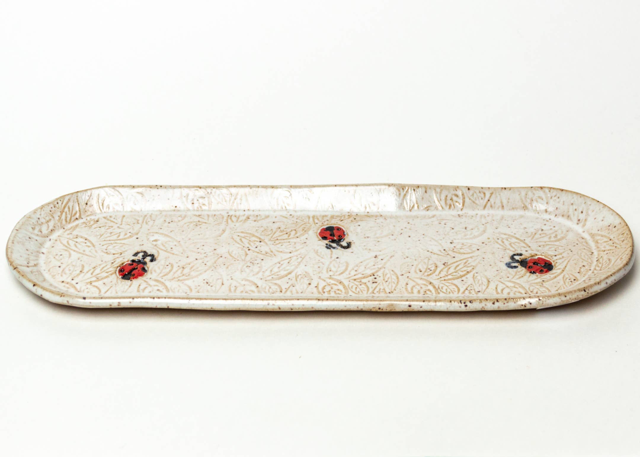 White Squirrel Clayworks - Wholesale Platter - Ladybug Pattern Handmade Ceramic White Platter1
