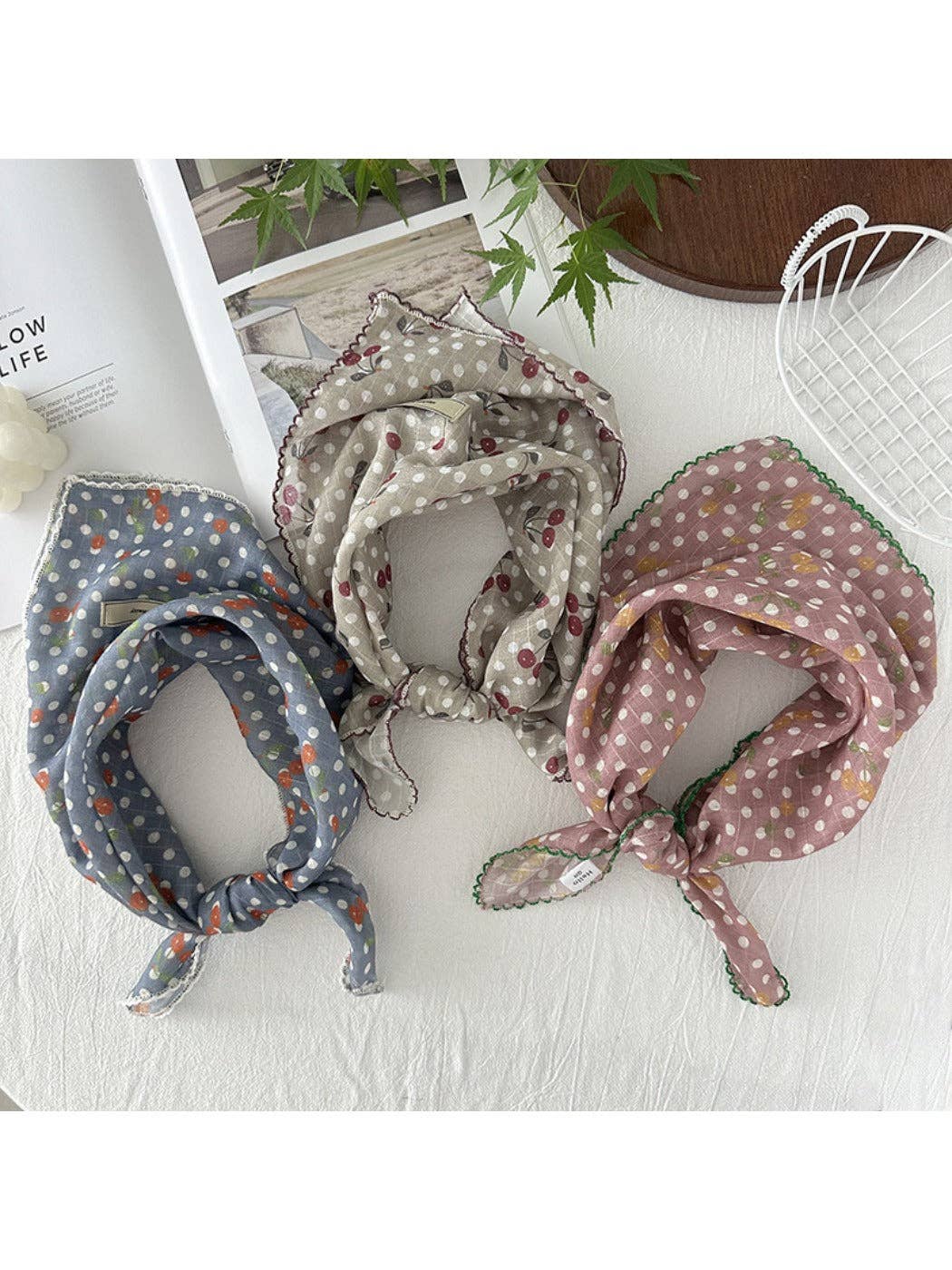 Funkyrel® Atzbranding Limited - Wholesale Scarf - Women's - Scarvii - Vintage Polka Dot Neck Scarf with Cherry Patterns4