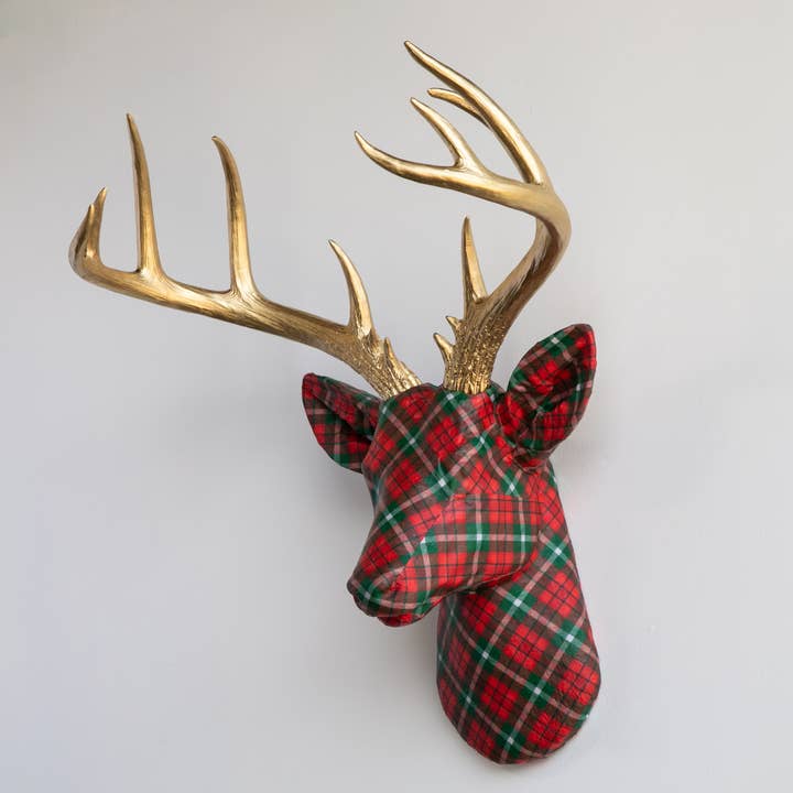 Near and Deer - Wholesale Wall Accent - Fabric Deer Head - Christmas Plaid2