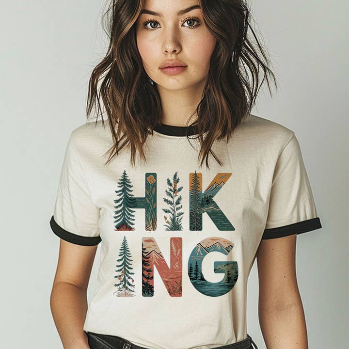 Hiking Tree Nature Drawing - Mountain Outdoors Ringer Shirt for wholesale by House Of Rodan