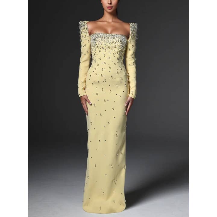 Vestido amarelo DR745Y com decote quadrado e diamantes aplicados à mão por atacado de Productseeker