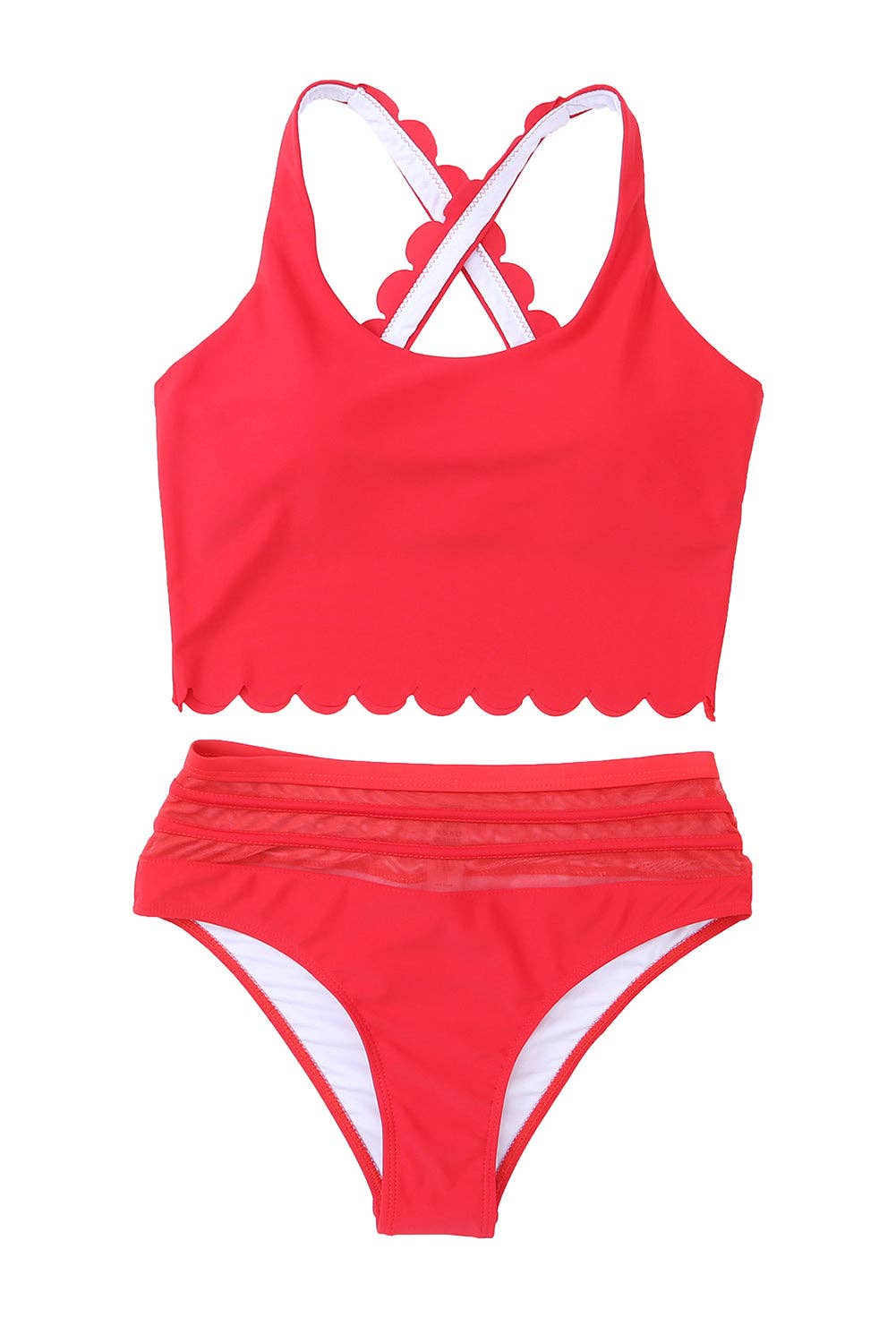 EG fashion - Wholesale Two Piece Swimsuit - Women's - Pink Scalloped Sleeveless High Waisted Two Piece Swimsuit29