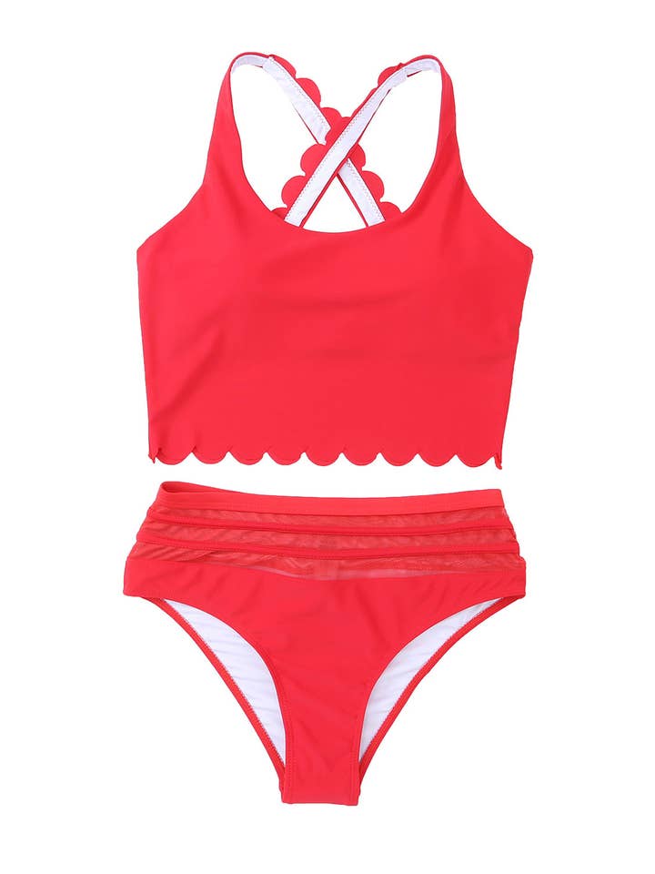 EG fashion - Wholesale Two Piece Swimsuit - Women's - Pink Scalloped Sleeveless High Waisted Two Piece Swimsuit29