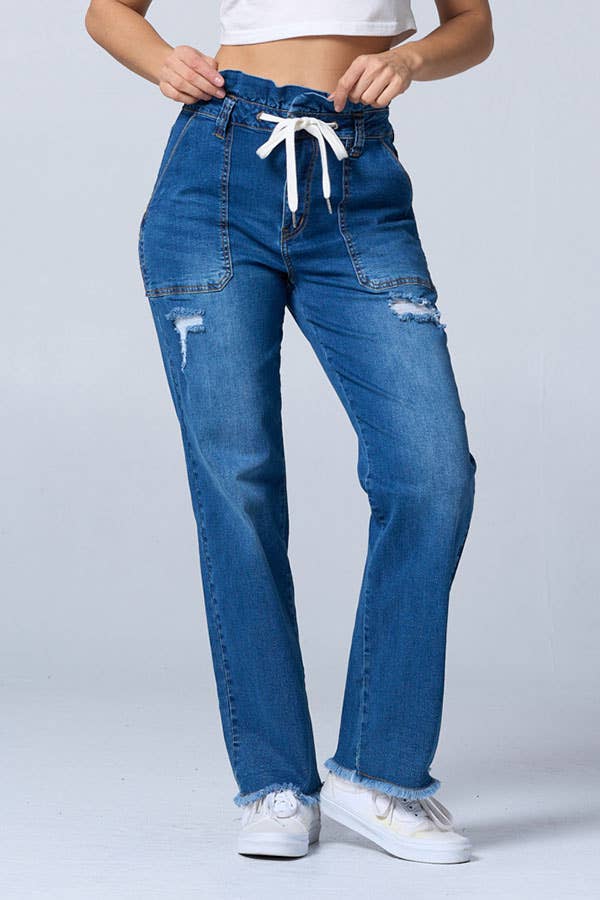 Color 5 - Wholesale Jeans - Women's - Distress fashion boot cut baggy jeans w/draw string raw edge8