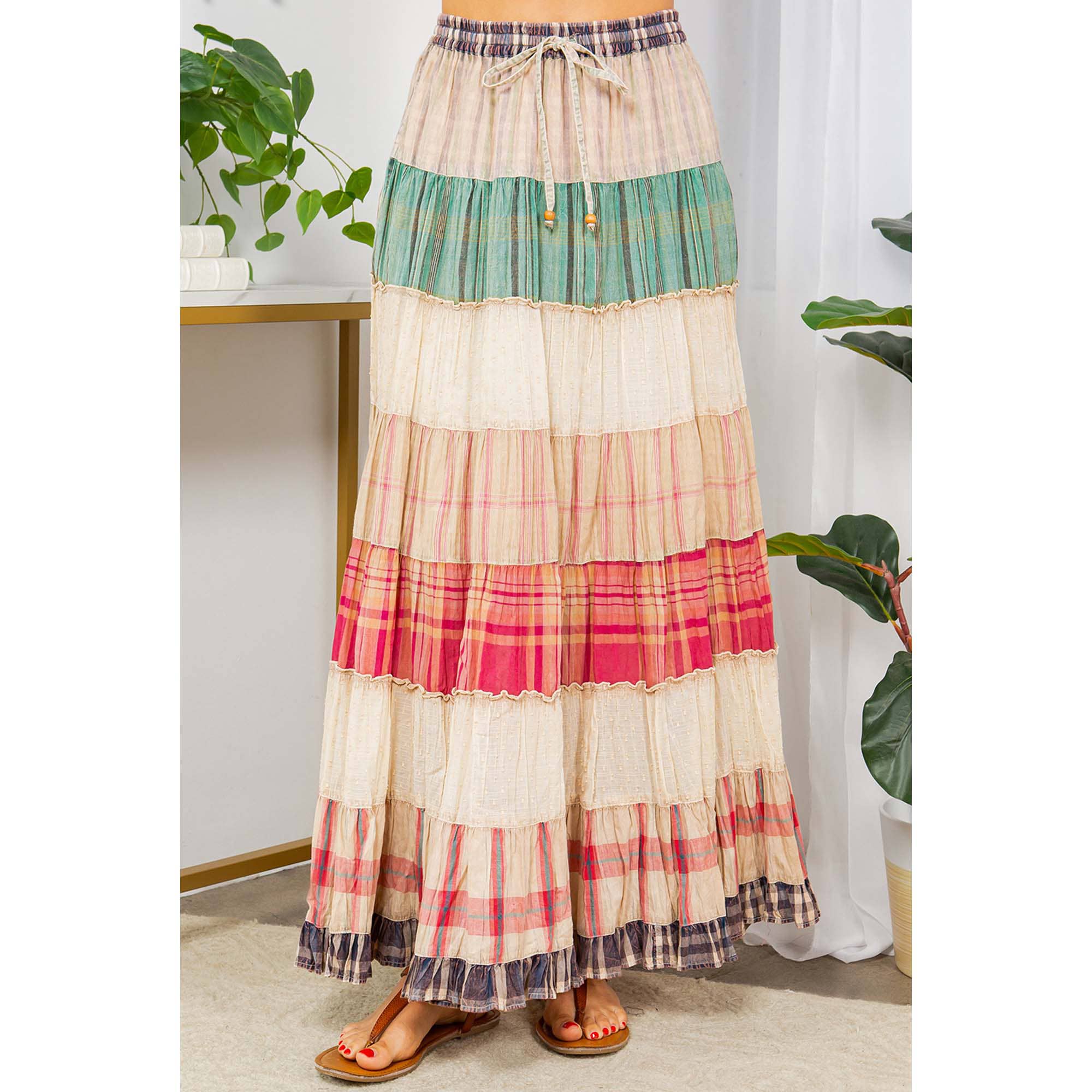 Young Threads - Wholesale Skirt - Women's - Vintage Vibes: Crinkled Tiered Skirt With Mixed Cotton Dobby1