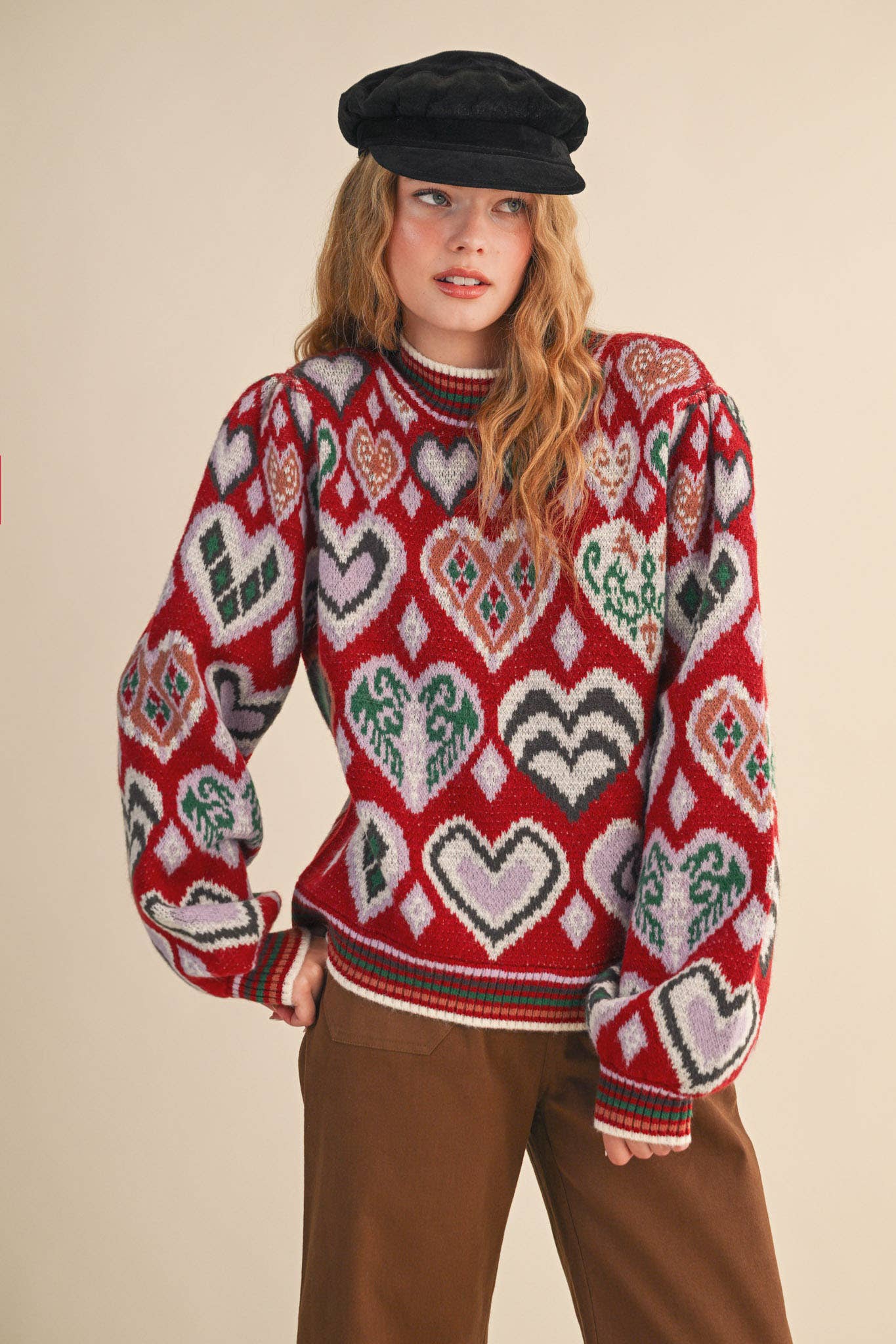 &MERCI - Wholesale Knit Sweater - Women's - HEART PATTERN PULLOVER SWEATER MSW1091346
