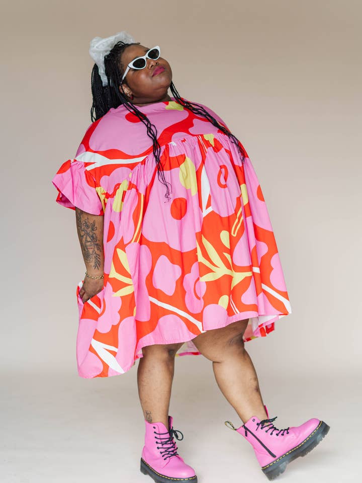 Size Inclusive Plus Size Ruffle Mini Dress Flower Print Pink for wholesale by Nettle Studios