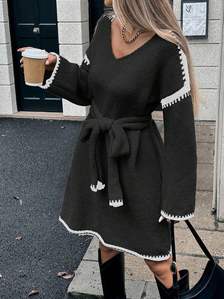 ElevateWell - Wholesale Dress - Women's - Women's Contrast Trim V-Neck Long Sleeve Belted Dredd7