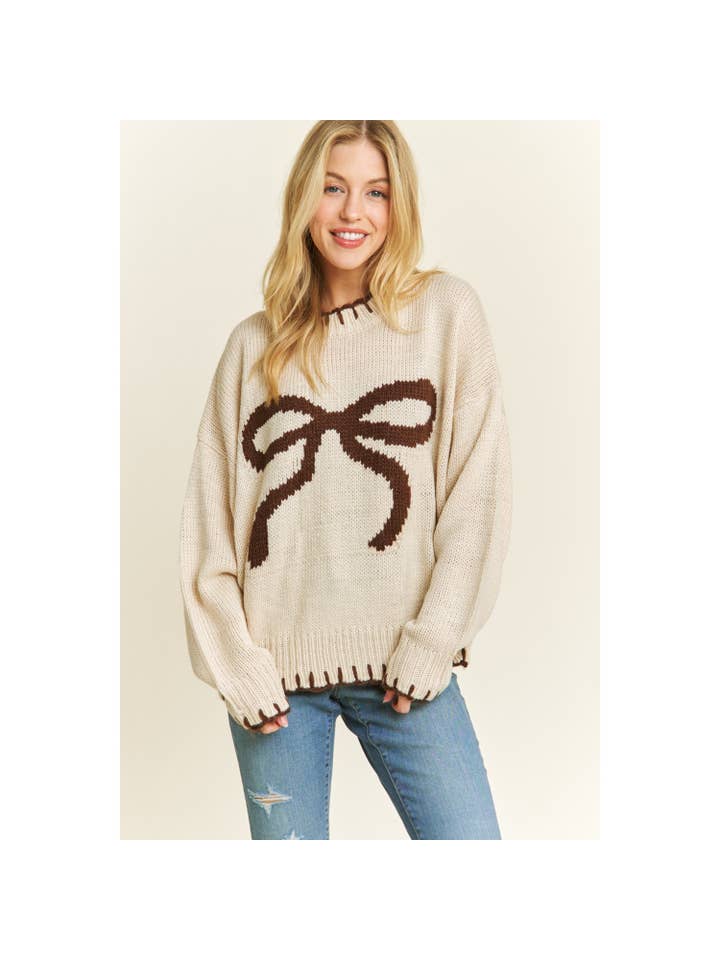 Sweet Generis - Wholesale Knit Sweater - Women's - HOLIDAY BIG BOW SWEATER PULLOVER WITH CONTRAST EDGE STITCHES