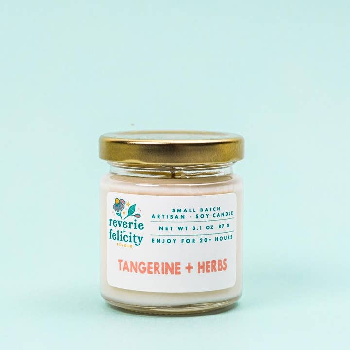 Tangerine + Herbs Petite Soy Wax Candle for wholesale by Reverie + Felicity Studio