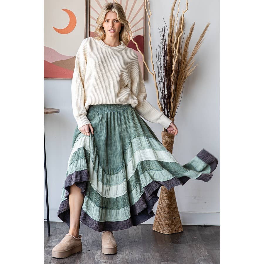 Oli&Hali – wholesale Skirt – Women’s – WASHED TIERED SMOCKED WAIST FLARE HEM SKIRT0