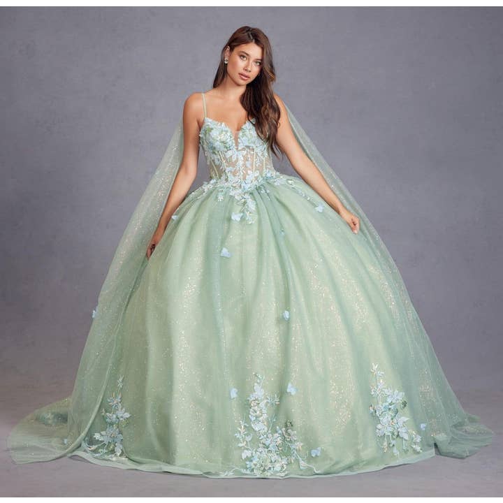 SALVIE GRØN 3D QUINCEANERA-KJOLE MED FLERE BLOMSTER OG KAPPEÆRME for engroshandel på Faire