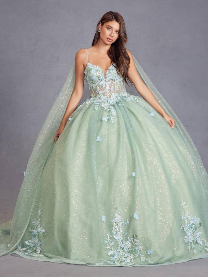 3D MULTI FLORALAPPLIQUE AND CAPE SLEEVE QUINCEANERA DRESS for wholesale by Juliet