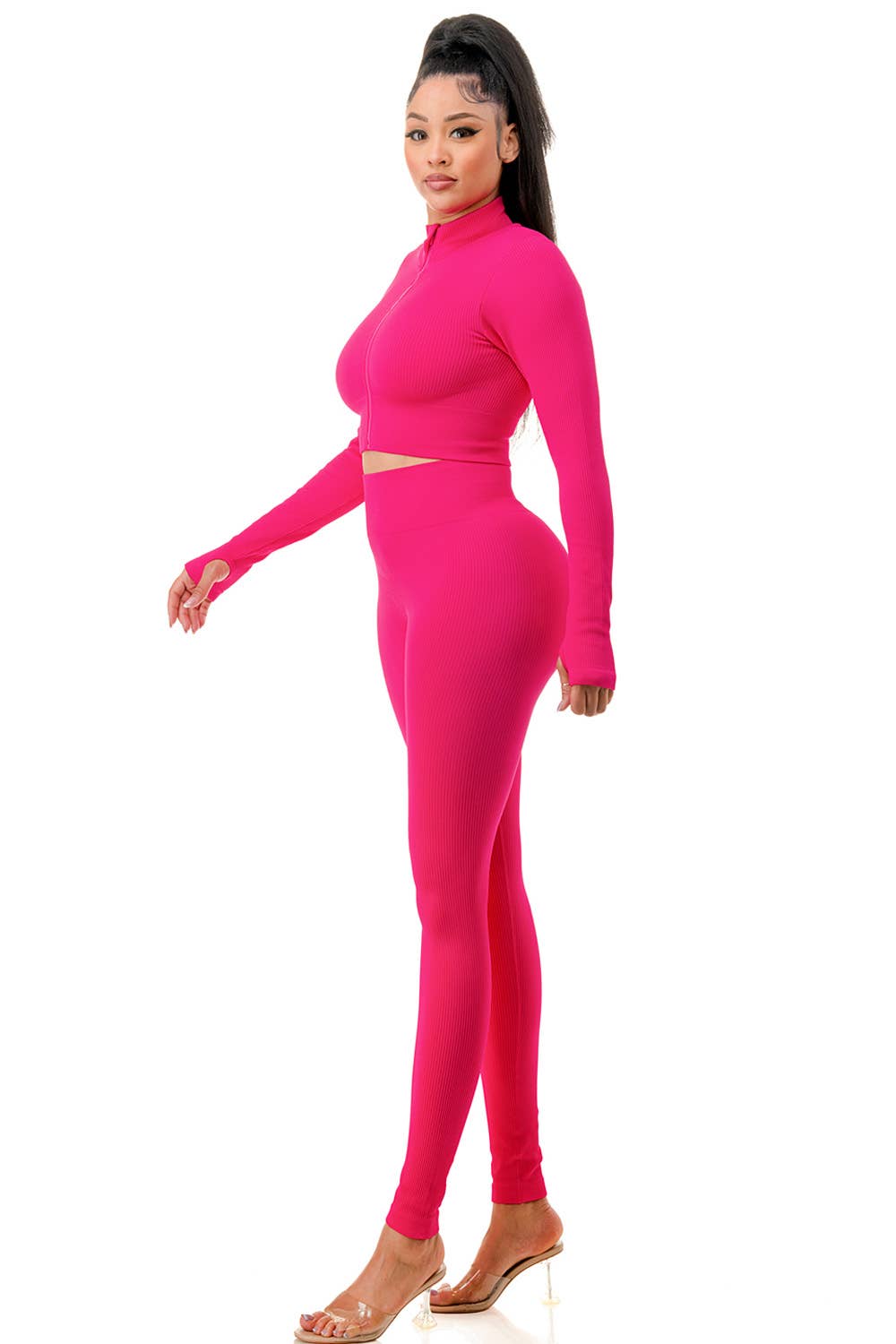 MIO WHOLESALE - Wholesale Top & Pant Set (NOT Loungewear) - Women's - JA60SET SOLID RIB ZIP-UP FRONT CROP JACKET SET4