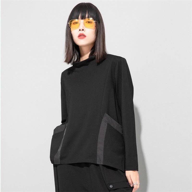 SCHWARZ Langarmshirt mit geteiltem Front-3D-Tasche für den Großhandel auf Faire1