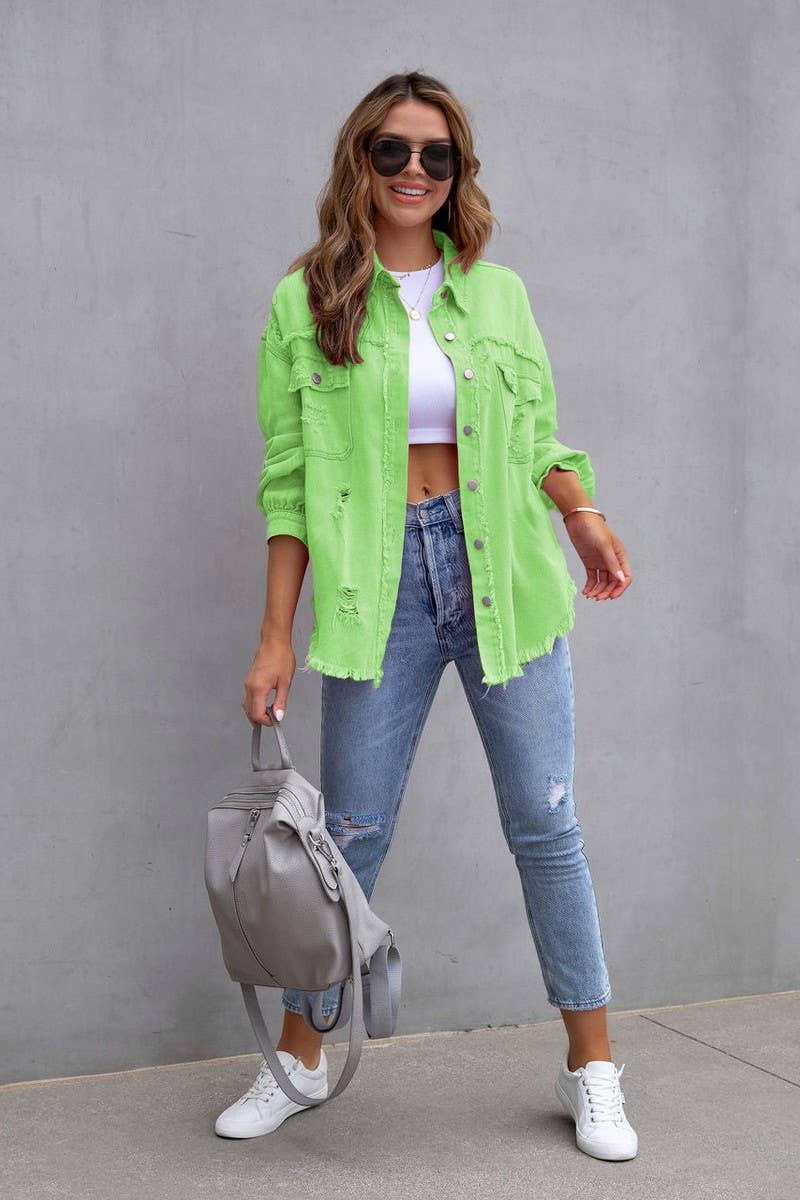 Lily Clothing - Wholesale Denim Jacket - Women's - Old solid color denim coat with lapel and ripped raw edge1