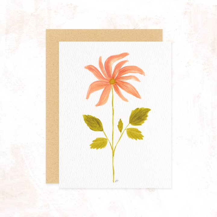 Dahlia Blomst Botanisk Notekort - Koral, Chartreuse for engroshandel hos Jess Hobbs Studio