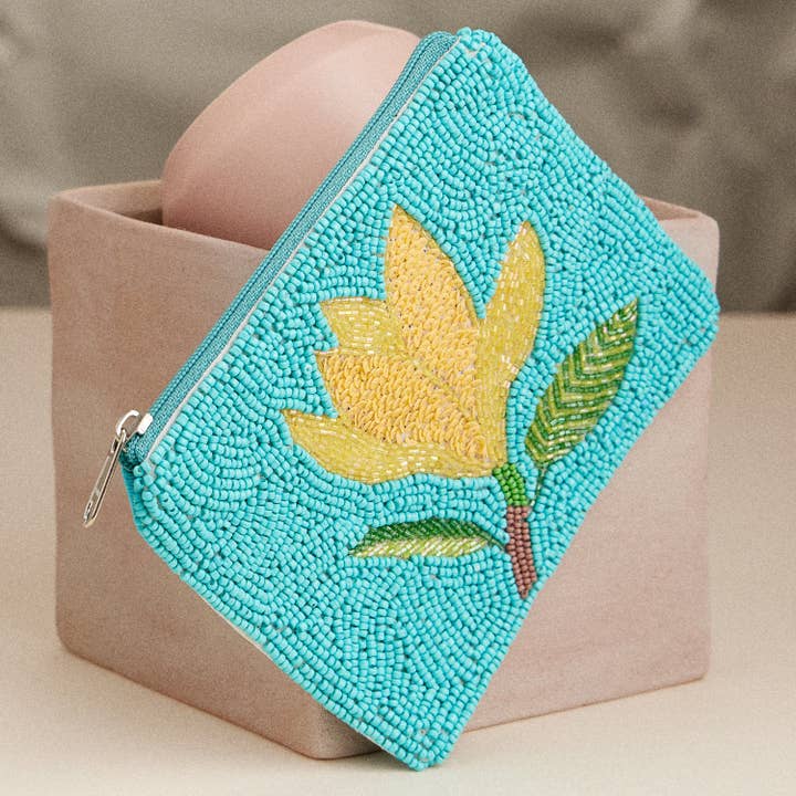 Beaded Floral Coin Purse – Turquoise Zip Pouch with Yellow Flower Design for Travel & Everyday Use for wholesale on Faire
