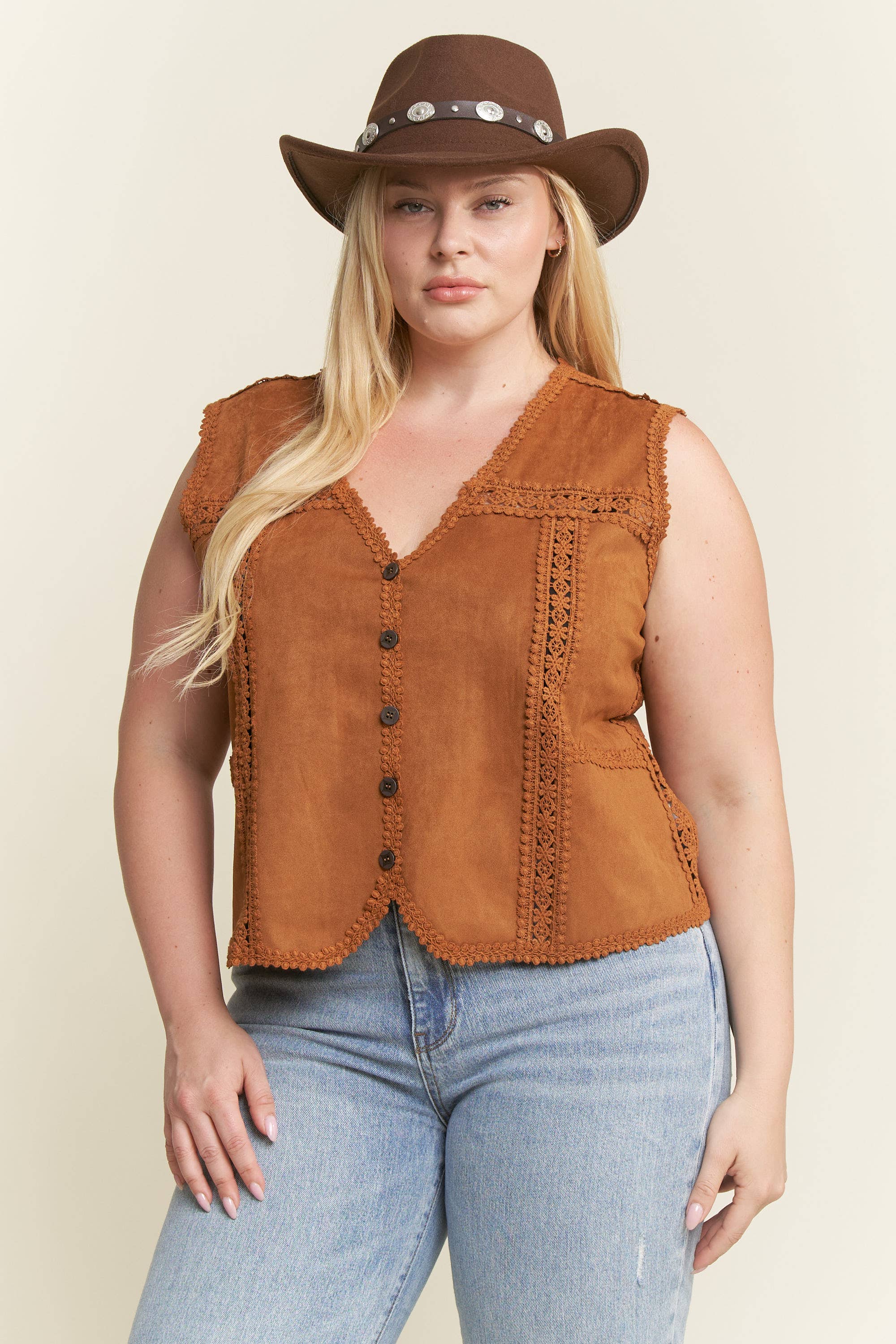 JADE BY JANE PLUS - Wholesale Outerwear Vest - Women's - PLUS SIZE SUEDE VEST WITH LACE TRIM1