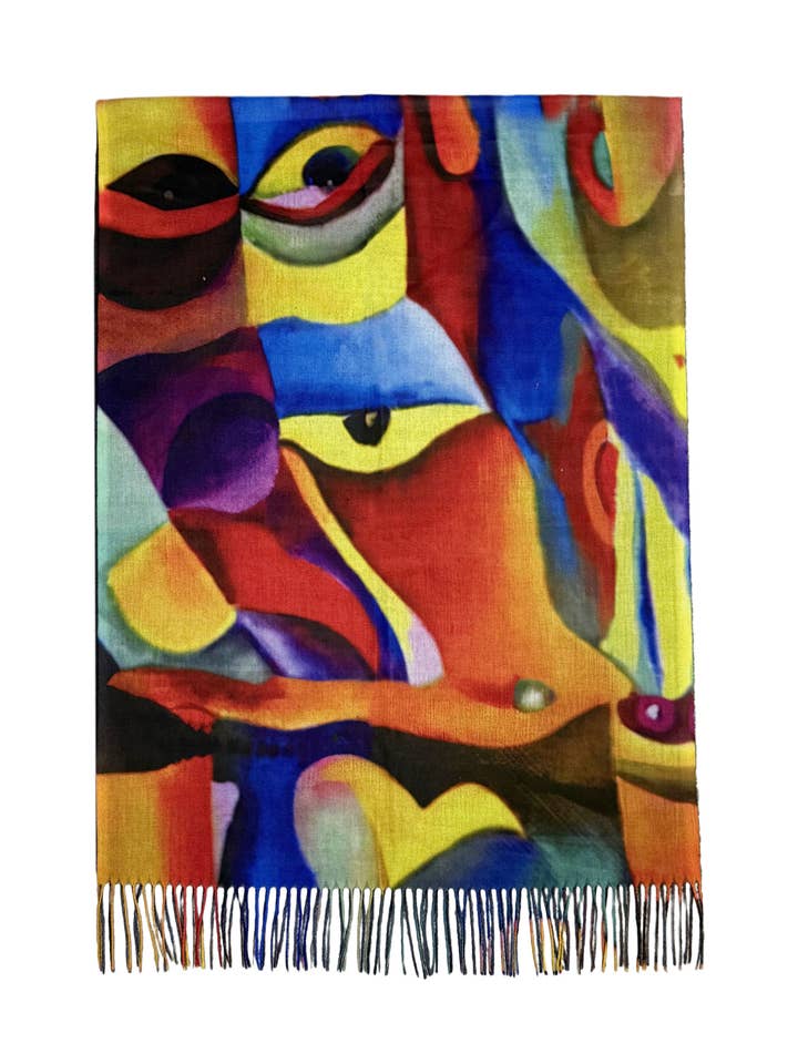 Art Impressionist Bright Abstract Face Wool Tassel Scarf for wholesale by Fashion Scarf World