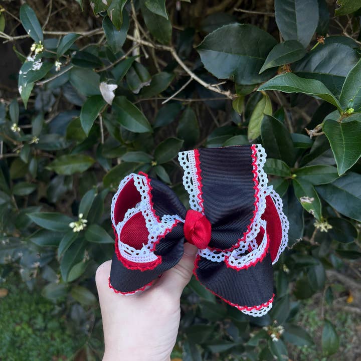 Black, Red and Lace Bow for wholesale by Pretty Knots Bow Company