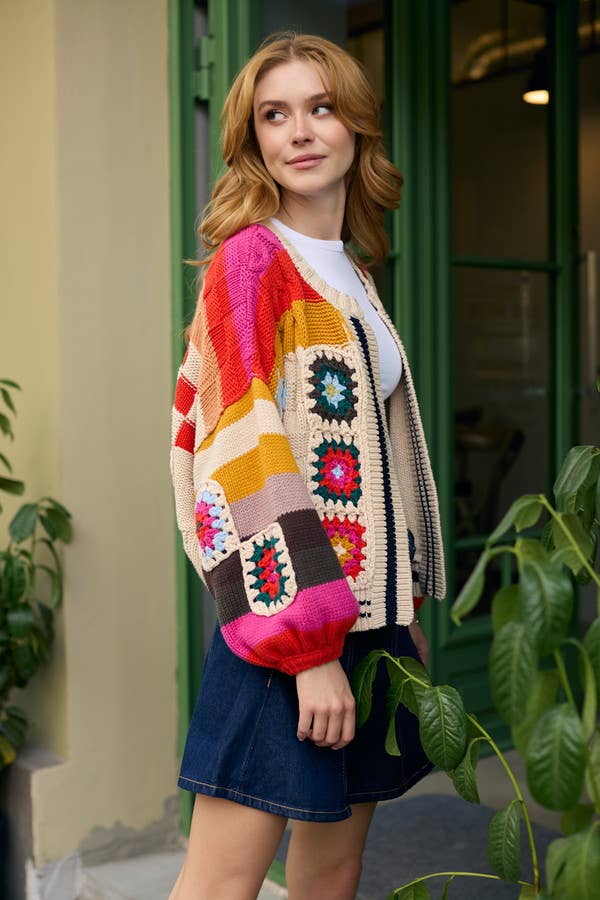 SAACHI - Wholesale Cardigan - Women's - Square Checkered Multi Pattern Cardigan1