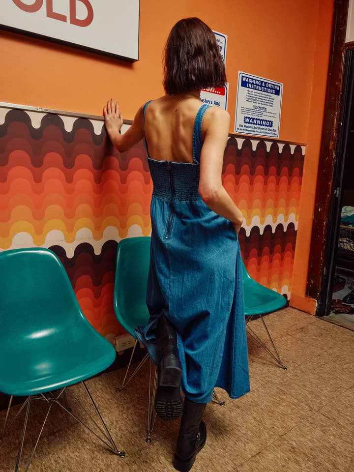 Lara Daisy - Wholesale Dress - Women's - Square Neck Smocking Back Detail Denim Midi Dress