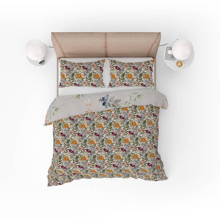 Bohemian Olive Daisy Floral Red Bomuld Vendbart Dynebetrækssæt for engroshandel hos Adore India