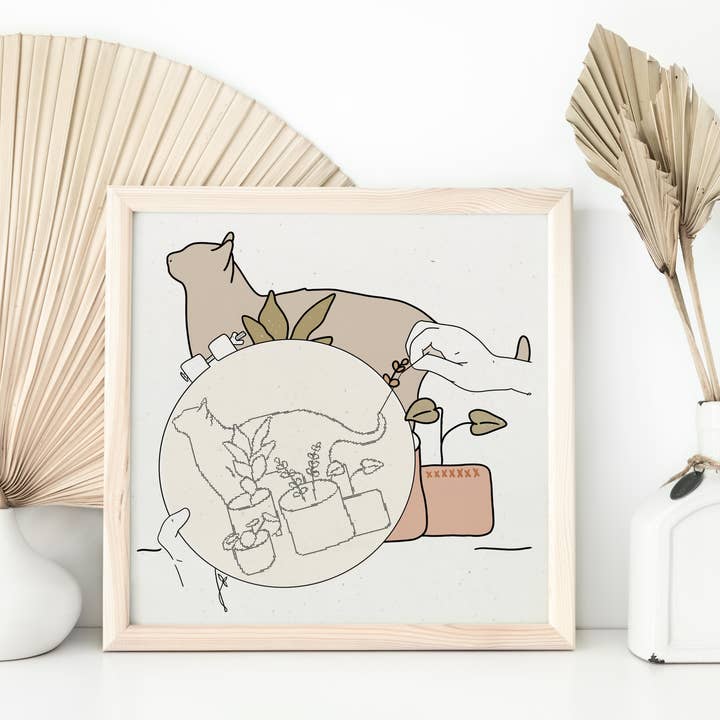 Cross Stitch Art, Cross Stitch Print, Cross Stitch Cat for wholesale by Sun in Ink