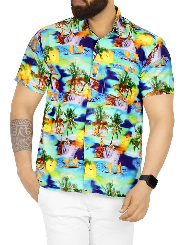 Blue Men's Club Hawaiian Shirt Button Down Work Casual Shirt M B for wholesale on Faire