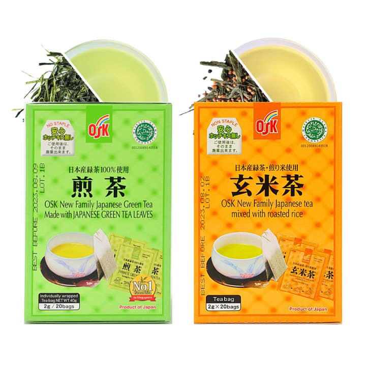 OSK Sencha Green Tea & OSK Genmaicha Roasted Rice Tea – Authentic Japanese Teabags, 40ct, Fresh & Nutty Flavor, Zero Calories, Sugar-Free, Hot or Cold Brew - Combo Pack for wholesale by Sho Nutrition