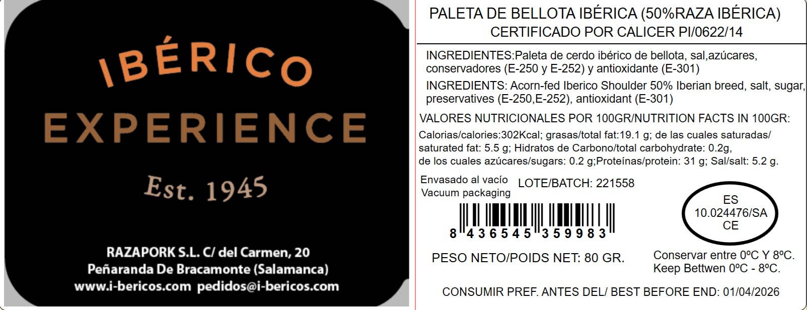 IBERICO EXPERIENCE - Venta al por mayor Jamones - Paleta de bellota 50% ibérico 80GR2