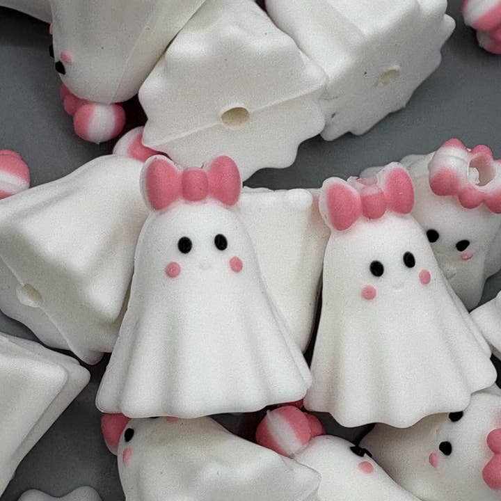 ASAP Craft Supplies - Wholesale Craft Supplies - Ghost With Pink Bow 3D Silicone Focal Bead