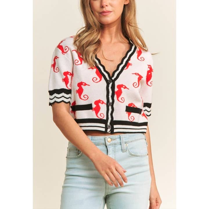 9341 SeaHorse Detailed Short Sleeve Cropped Cardigan for wholesale by Coloring You