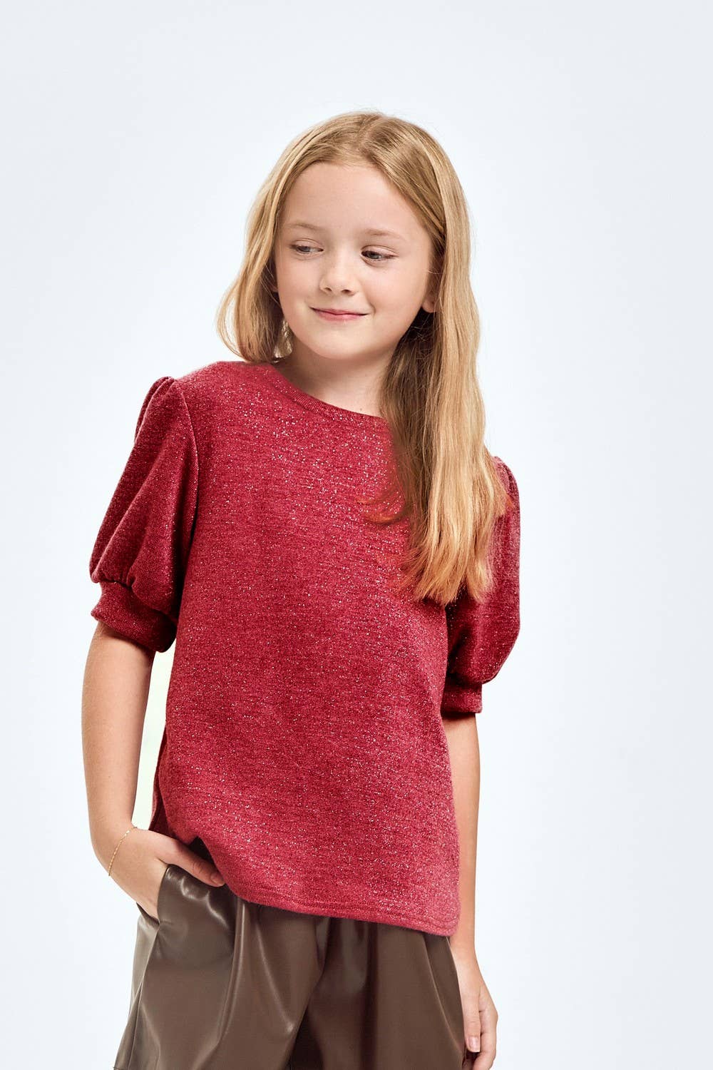 Good Girl - Wholesale Knit Top - Kids - Mink Lurex Short Puff Sleeves Top1