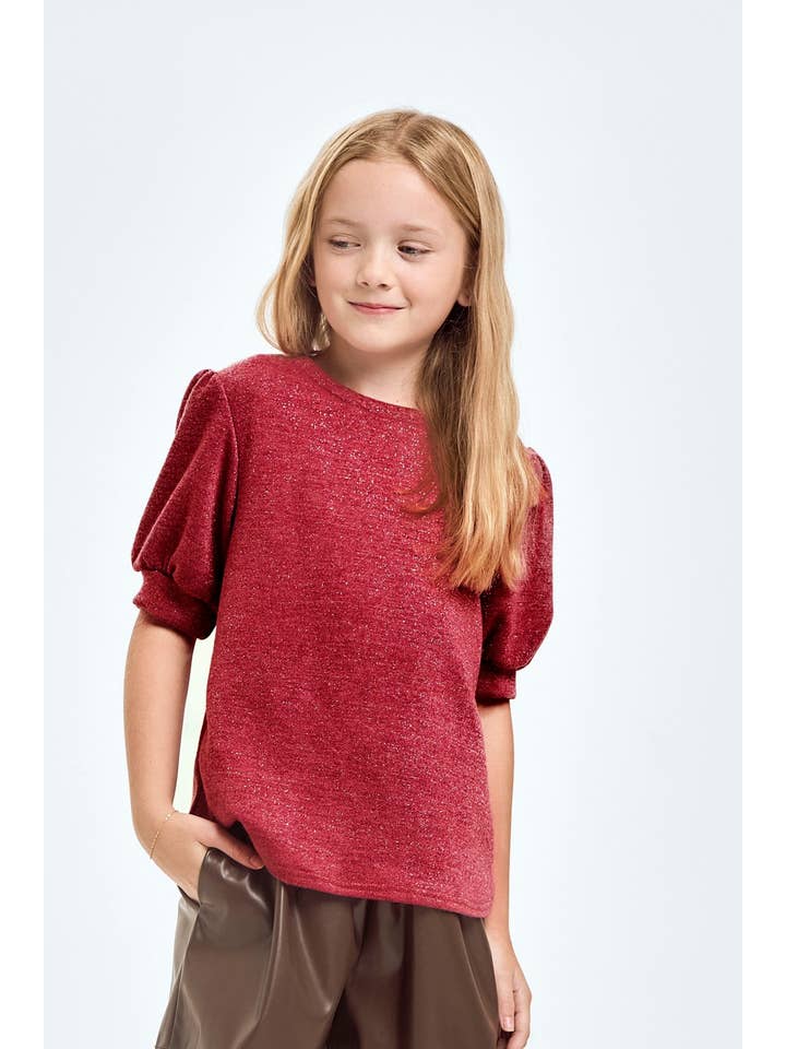 Good Girl - Wholesale Knit Top - Kids - Mink Lurex Short Puff Sleeves Top1