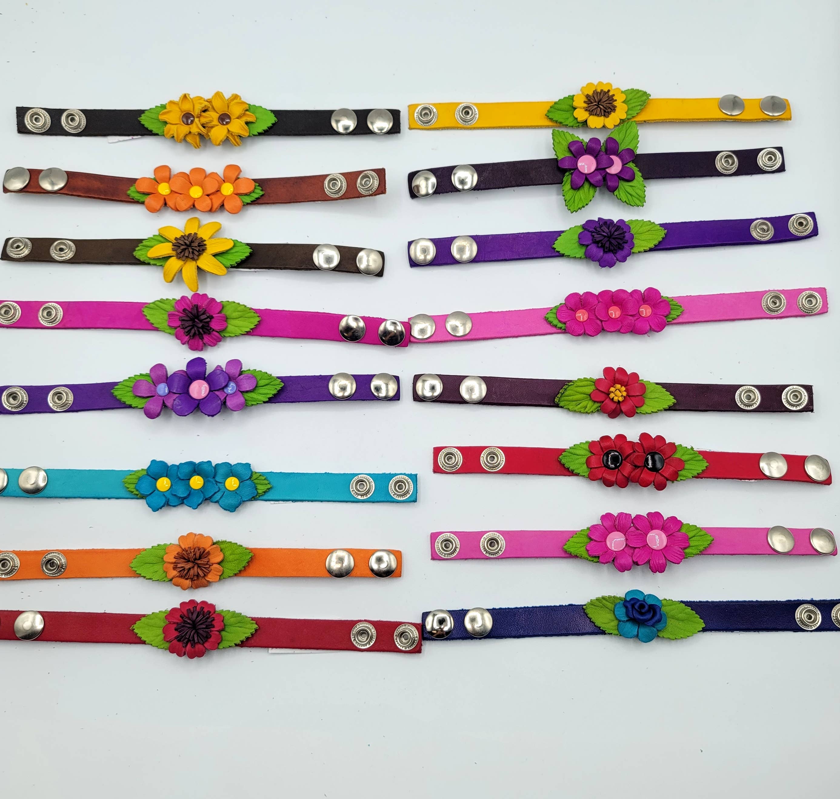 Sunflower Handmade leather inc - Wholesale Cuff Bracelet - as0001-3 12 pcs Bright leather flower bracelets Assorted