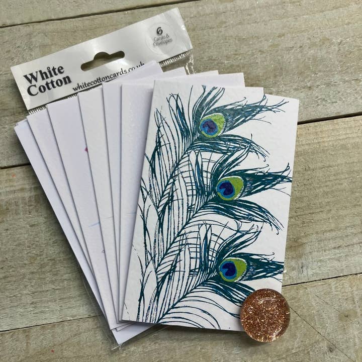 Notelets - Plumas de pavo real, paquete de 6 (N95-14P) para venta al por mayor de White Cotton Cards