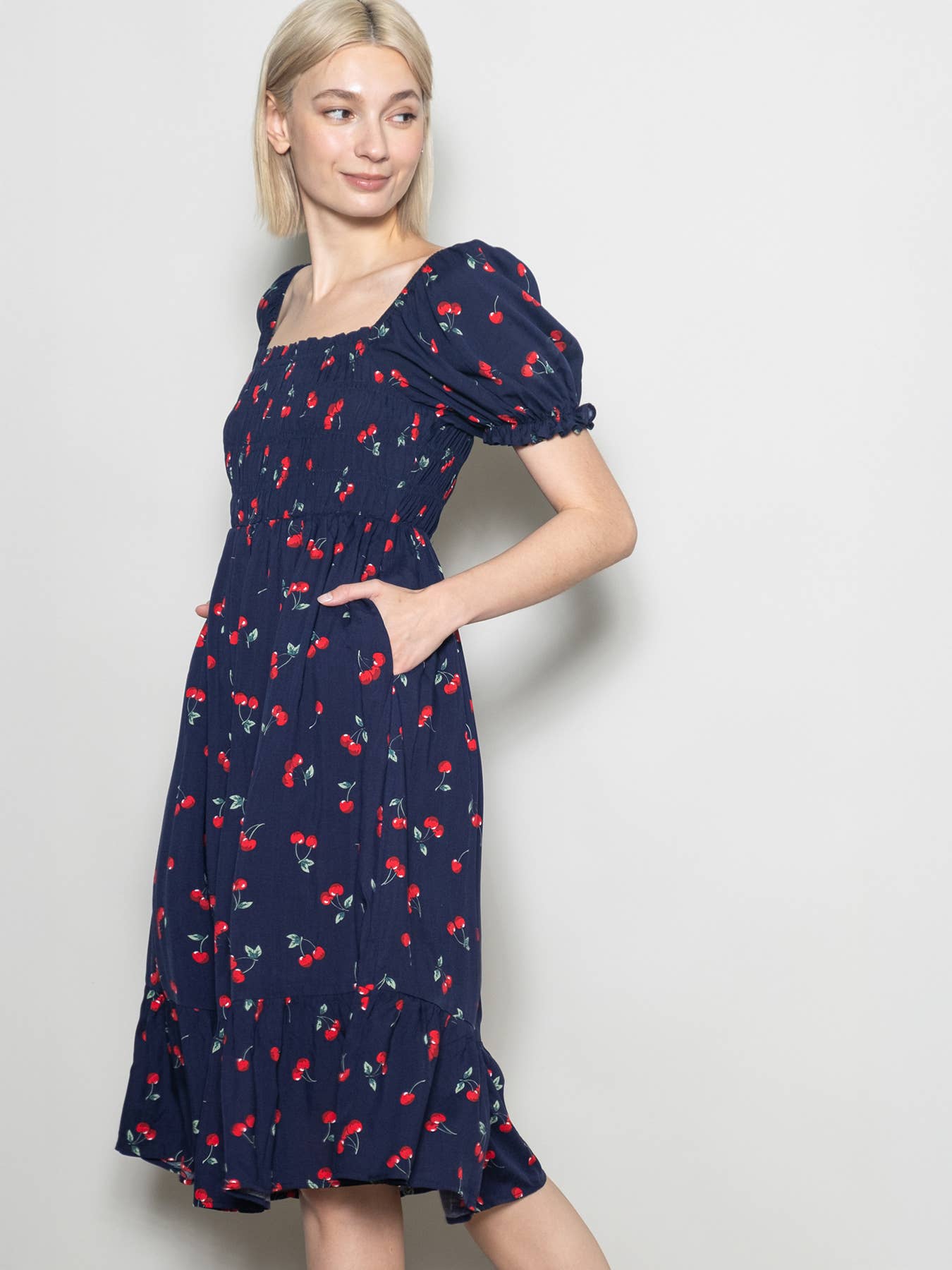 Elloh Collection - Wholesale Dress - Women's - Puff Sleeve Square Neck Cherry Print Dress with Pockets15