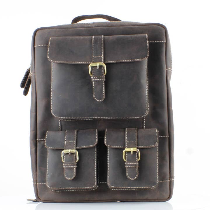 Hunter Leather Backpack with Front Pockets for wholesale by Leather Impressions Inc