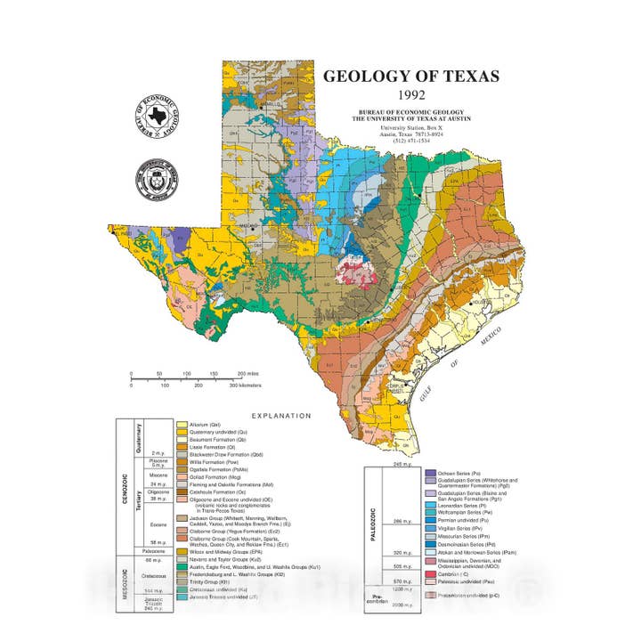 Mappa: Geologia del Texas, Cartografia da Parete 1992 per la vendita all'ingrosso da parte di Historic Pictoric