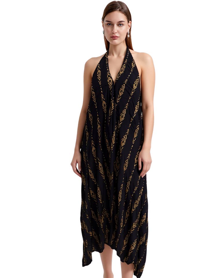 BR25821 V-NECK BLACK AND GOLD MAXI DRESS ONE SIZE for wholesale by Becky Rose