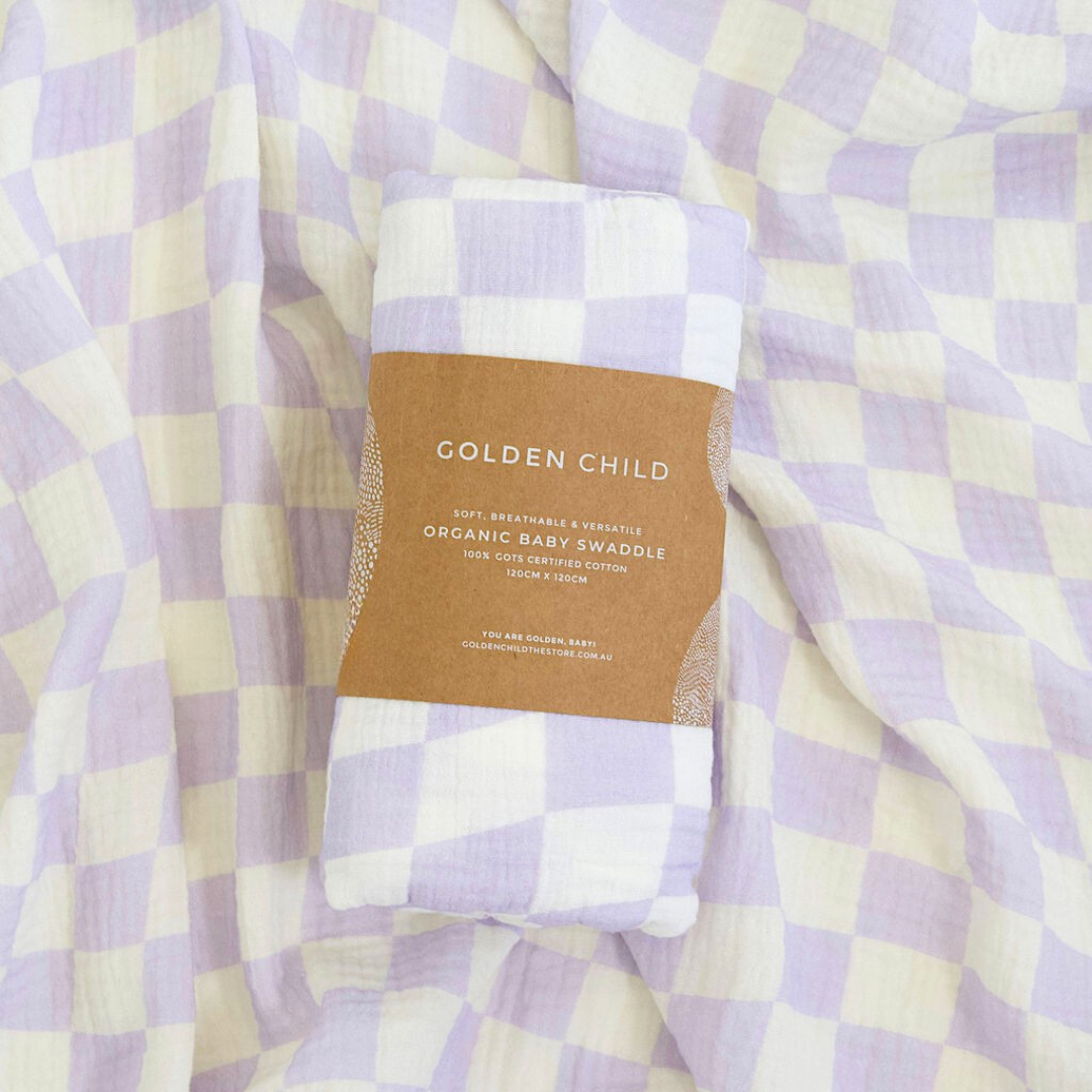 Golden Child - Wholesale Swaddle - Baby -  Wavy Baby Checked Organic Cotton Baby Swaddle - Lilac1