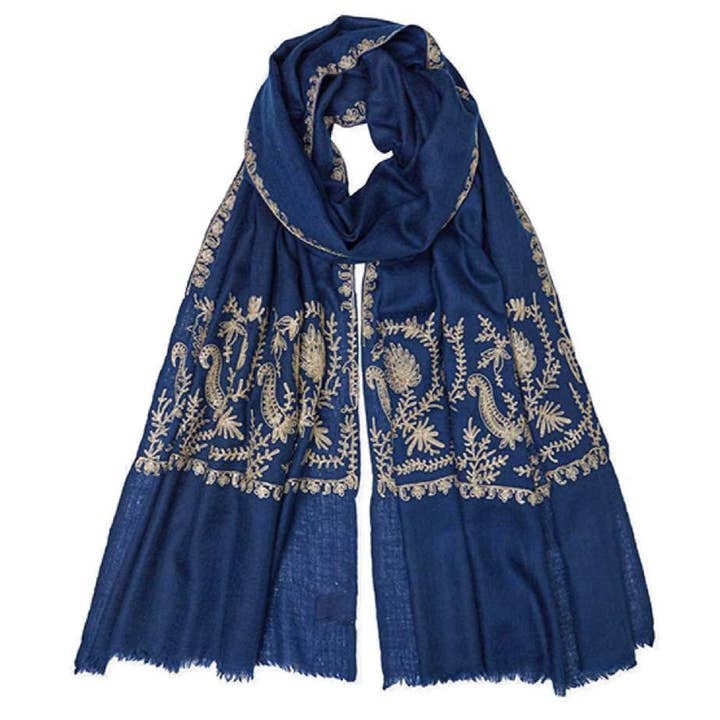 Somerville Scarves - Wholesale Scarf - Women's - Zari Stitched Border Pashmina - Navy/Gold