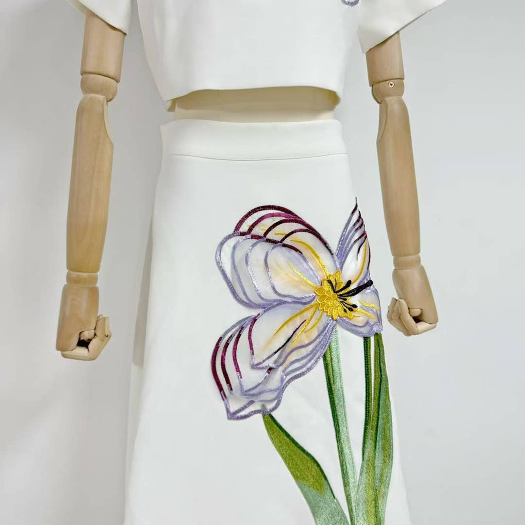 Productseeker - Vendita all'ingrosso Completo top e gonna - Donna - Completo Estivo Elegante 3D con Fiori a Maniche Corte e Gonna 21Y10