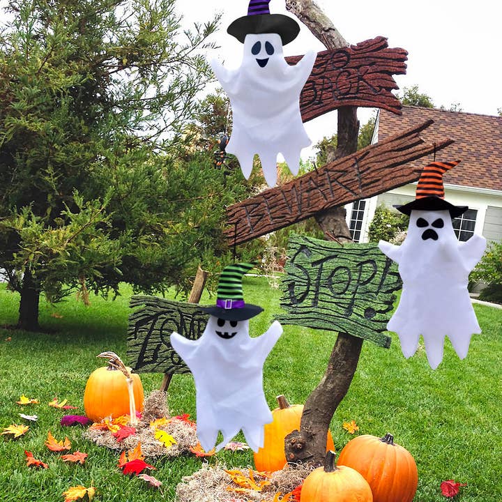 Fun Little Toys - Vendita all'ingrosso Ornamenti/decorazioni per esterni - 3 fantasmi da appendere per Halloween con cappello da strega