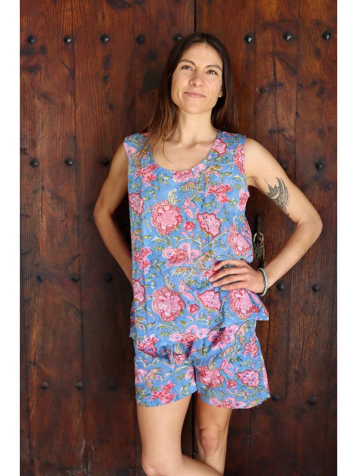 Aurobelle Ibiza - Wholesale Lounge Set - Women's - Short and top set, cozy lounge wear made with hand block print cotton