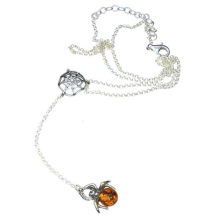 Amberman - Wholesale Pendant/Charm Necklace - Spider on a Spider Web Necklace Cognac Amber
