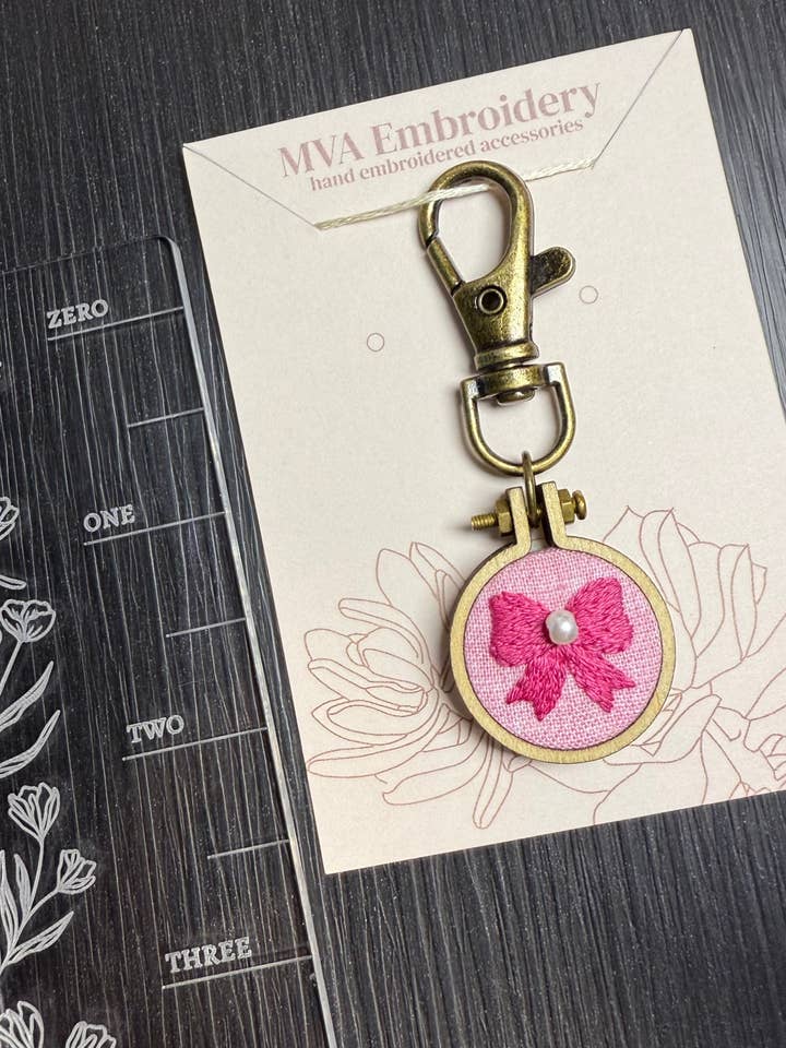 Hand Embroidered Bow Keychain | Bag Charm for wholesale by MVA Embroidery