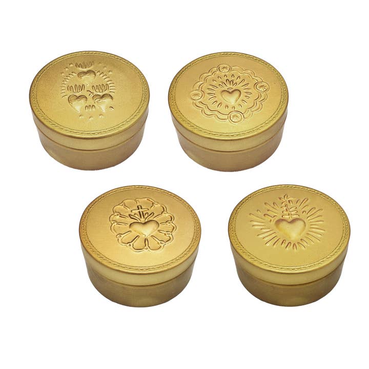 Round box with ex-voto brass pattern, handcrafted for wholesale by Maison Lilo